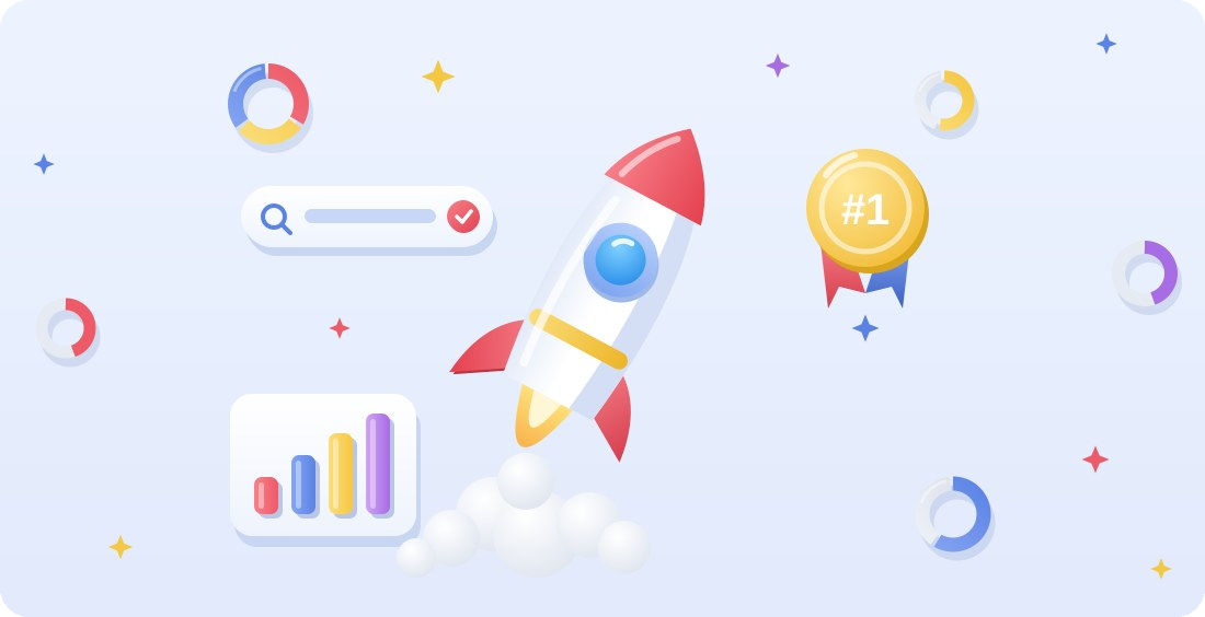 SEO growth rocket with number one ranking medal and search results